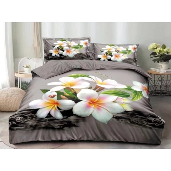 Pościel 200x220 bawełna satynowa beżowa z białym kwiatem PK466 z prześcieradłem